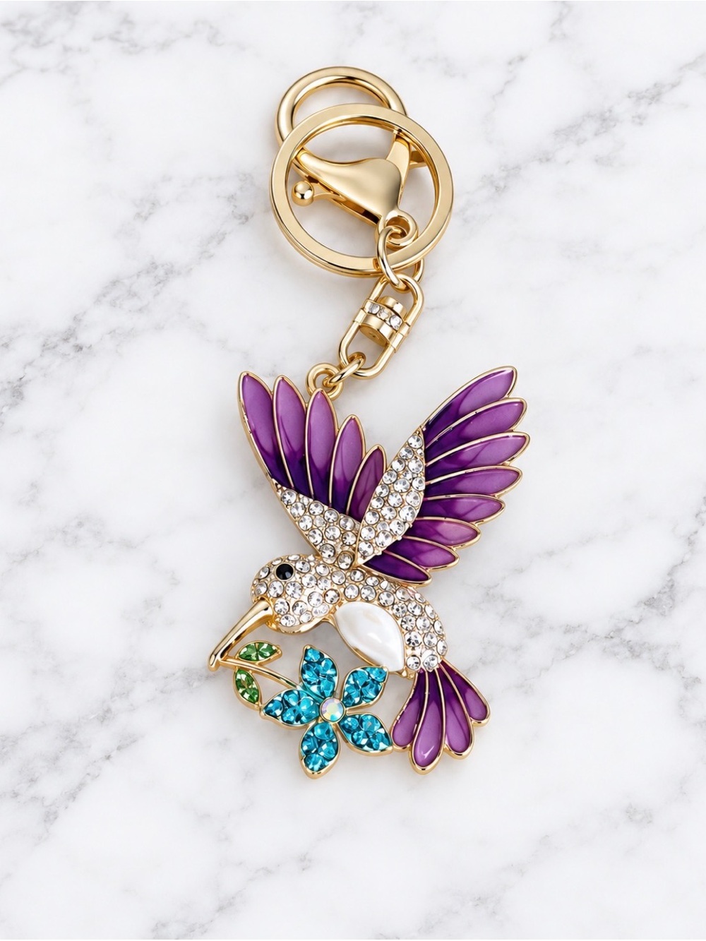 Gold-Tone Purple Hummingbird Bag Charm/Keyring with White Crystal Accents